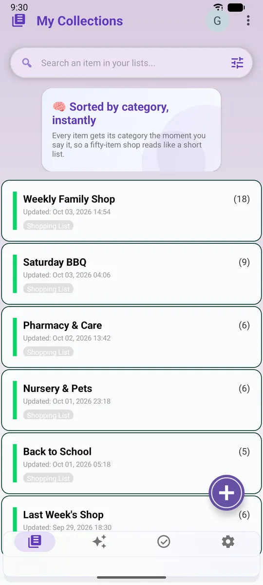 Smart Shopping home screen with six shopping lists, each with a date and item count