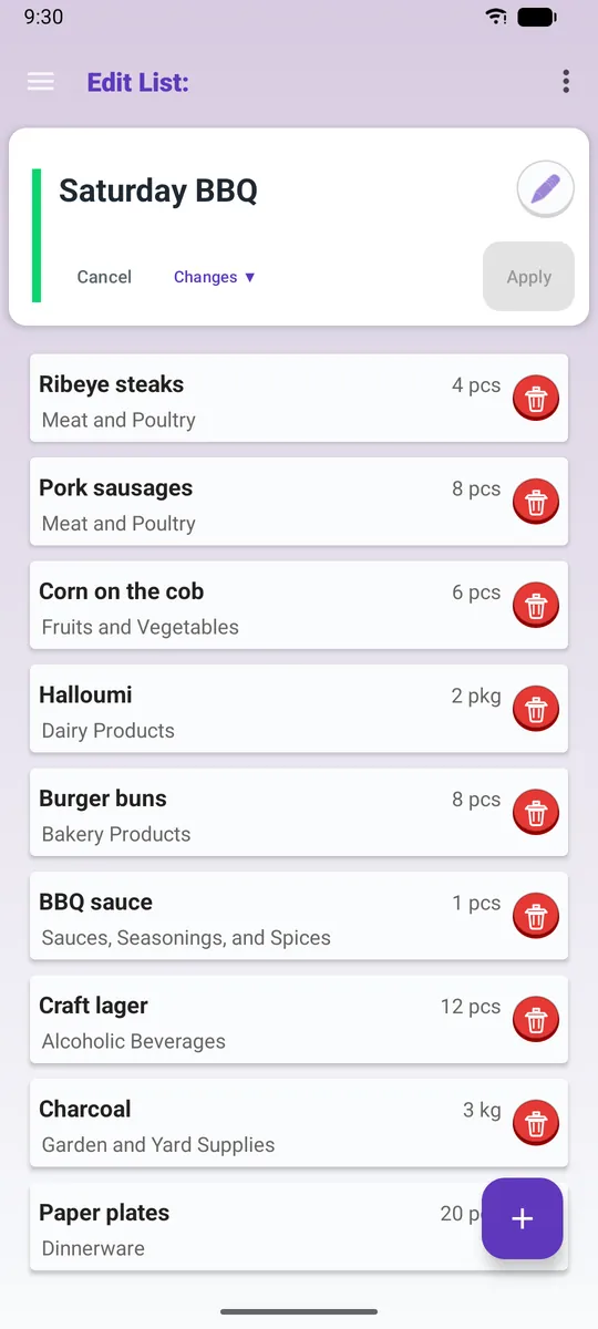 Saturday BBQ list in edit mode, each item with quantity, unit and category